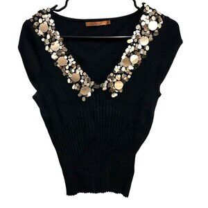 Belldini Black Sleeveless Ribbed Sweater Sequin Embellished V-Neck Sz Large